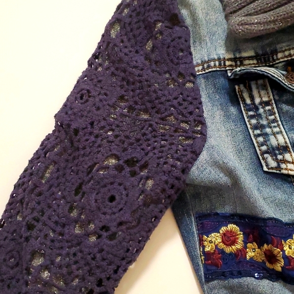 Desigual jean jacket with crochet knit overlay removable collar size 38 - Picture 4 of 16